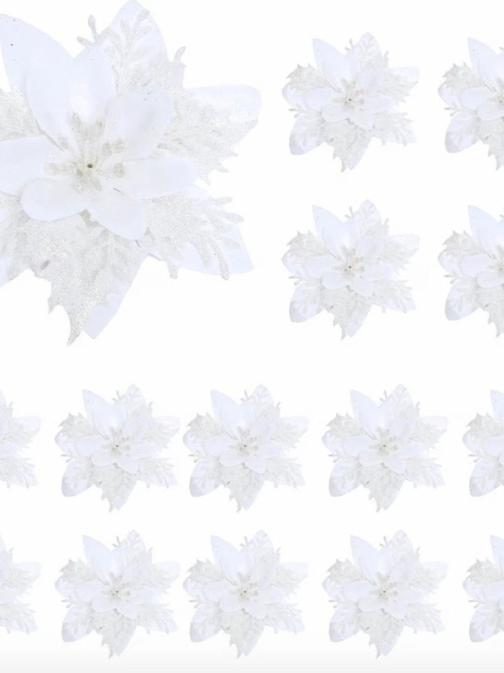 (25) NWT 15 Pcs Christmas Glitter Poinsettia Flowers White